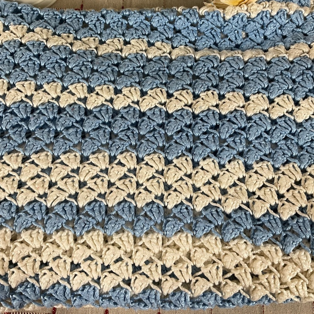 Beautiful & Delicate Vintage Handmade Crochet Blue & White Striped Blanket - Picture 2 of 6